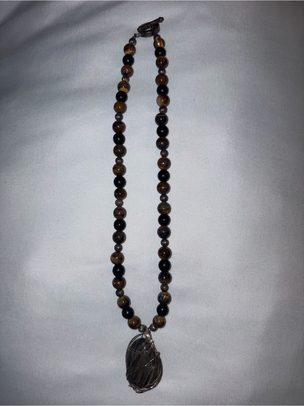 Beaded Statement Necklace Brown Black Stone Wire Wrapped Pendant Toggle